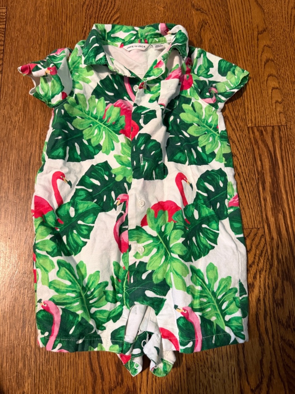 Janie and Jack Tropical Flamingo Leaf Print One-Piece - Green, Pink, White